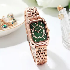 Gedi Elegante Damen Quarzuhr Vintage Oktogonales Zifferblatt Roségold Legierungsband Mit Strasssteinen Datumsfunktion Wasserdichte Uhr