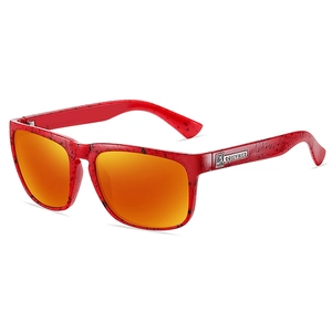 Classic sports sunglasses with red speckled frames and orange mirrored UV400 lenses