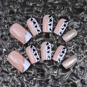 Blue French style press-on nails with heart dots and silver glitter finish