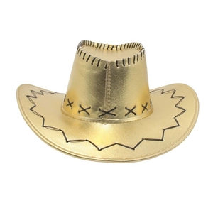 Shiny gold metallic western cowboy hat with black cross stitching for party stage performances