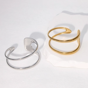 Double Layer Open Cuff Bracelet 18K Gold Plated Stainless Steel Minimalist Non Fading Geometric Bangle Jewelry For Women