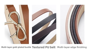 Detail view of gold-plated bow buckle and textured PU leather strap for women belt