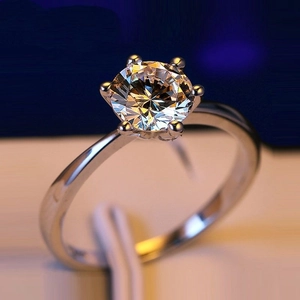 Close-up of a silver six-prong set round brilliant cut solitaire ring with sharp facets