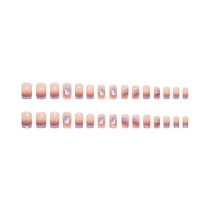 French tip press-on nails in pink and purple gradient with 30 ballerina style tips