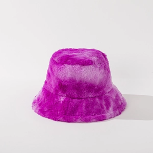 Close-up of purple tie-dye plush bucket hat showing thick faux fur texture and soft fibers