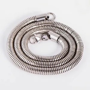 Detailed view of stainless steel round snake bone chain with lobster clasp on white background