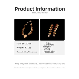 Detailed size specifications for gold wheat leaf necklace and rhinestone earrings set