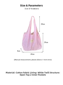 Detailed size guide for striped canvas tote bag showing dimensions and interior pocket layout