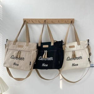 Detailed comparison of canvas tote bags in beige, black, and cream colors with embroidery