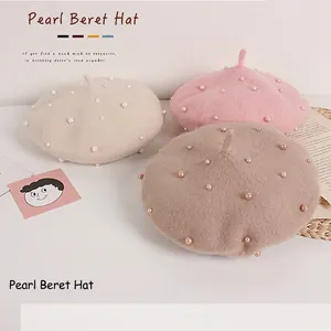 Kids wool beret with pearl accents in beige pink and camel colors for girls