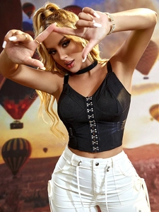 Damen Schwarz Korsett Top Ärmellos Vorne Haken Und Ösen Verschluss Slim Fit Patchwork Vintage Streetwear Sexy Crop Cami