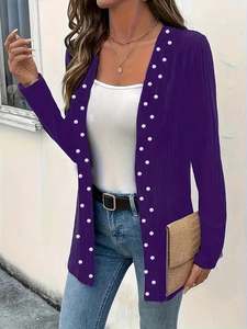 Elegant purple knitted cardigan with pearl bead embellishments and long sleeves for women