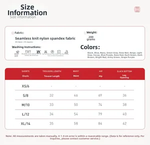 Größentabelle für nahtlose Pfirsich-Lift-Yogashorts mit Längen-, Taillen- und Hüftmaßen