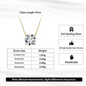 Detailed size chart for S925 silver necklace with 8A grade round cubic zirconia pendant