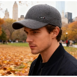 Detail of dark grey twill texture baseball cap with Sport New Style label for men