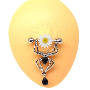 Piercing de téton araignée gothique avec marguerite blanche et gemme noire en acier