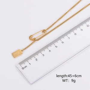 18k gold plated paperclip chain necklace with Love rectangular pendant and safety pin