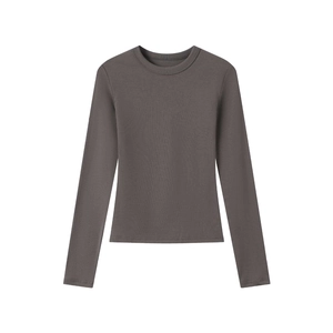 Close-up of dark grey long sleeve T-shirt showing detailed ribbed modal fabric texture