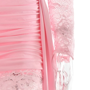 Detail of pink lace sleeves and ruched fabric texture on a slim fit women bodysuit