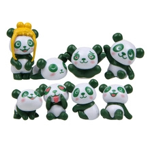 Set of eight miniature panda figurines in various playful poses on a white background