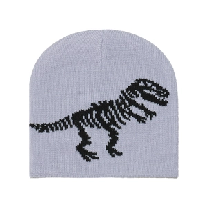 Close-up of light purple knitted beanie featuring a black jacquard dinosaur skeleton pattern