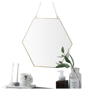 Nordic minimalist hexagonal wall mirror with golden brass frame and hanging chain
