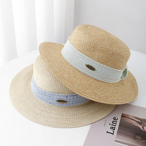 French Style Boater Hat Women Flat Top Woven Straw Sun Hat Large Brim Breathable Adjustable Summer Beach Vacation Vintage