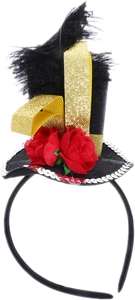 Detail of Halloween mini top hat headband with black feathers and red fabric roses
