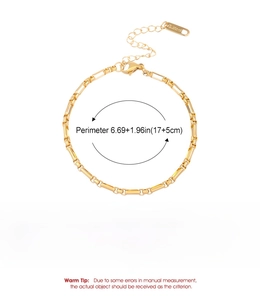 Detailed view of gold chain bracelet with stainless steel lobster clasp and size tag