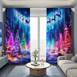 Detailed Christmas scenery on curtains featuring Santa's sleigh and snowy trees