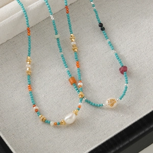 Handmade freshwater pearl and turquoise beaded necklace with colorful stones in a gift box