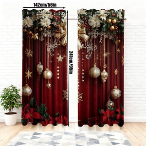 Detailed size chart for Christmas curtains with festive red poinsettia and gold ball patterns