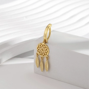 Dreamcatcher belly ring in gold finish with feather pendants on white stone