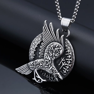 Vintage Viking raven totem stainless steel pendant necklace with embossed relief design