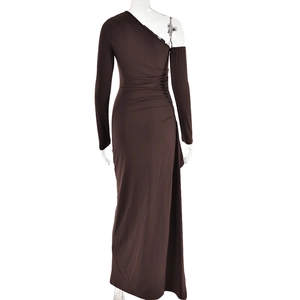 Detail of the back view on a brown one-shoulder long dress with elegant ruching