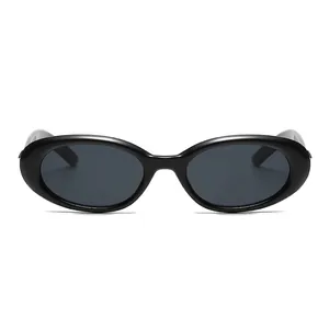 Fashionable black oval frame sunglasses with dark grey lenses in a retro chic style