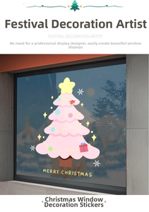 Pink Christmas tree window sticker with Merry Christmas text on glass background