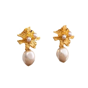 Boucles d'oreilles fleurs vintage en argent S925 dorées avec perles baroques