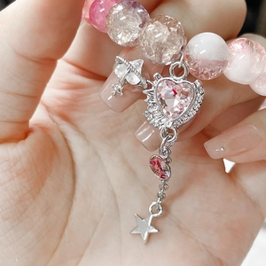 Handmade pink heart and star pendant bracelet with resin beads for women
