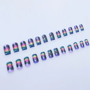 Short square press-on nails featuring tropical sunset beach gradient and palm tree silhouettes