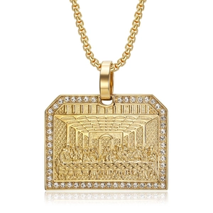 Collana con ciondolo L'Ultima Cena in acciaio inossidabile dorato con cornice di cristalli