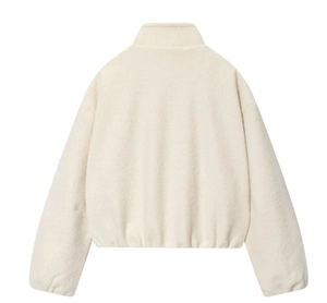 Back view of cream white textured fleece jacket featuring a stand collar and cozy finish