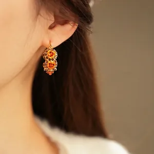 Vintage gold-plated rose drop earrings with embedded crystals for an elegant floral look