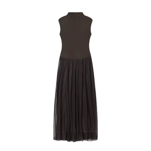 Detail view of the back zipper and mesh patchwork on a long sleeveless brown dress