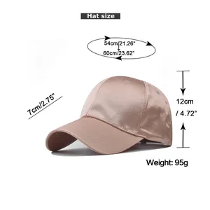 Size chart showing head circumference 54-60cm and dimensions for the satin baseball cap