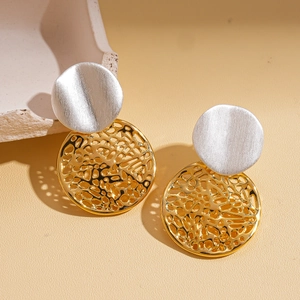 Minimalist geometric 18k gold plated hollow round earrings with two-tone metallic finish