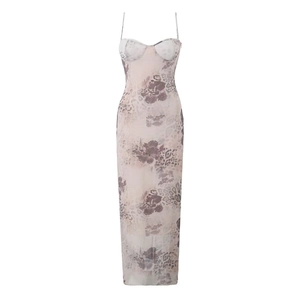 Sexy satin slip dress with floral and leopard print design on white background