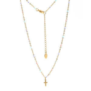 Golden stainless steel cross necklace with colorful pastel beads and adjustable chain