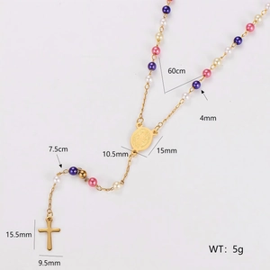 French style gold pearl rosary necklace with colorful beads and cross pendant on white back