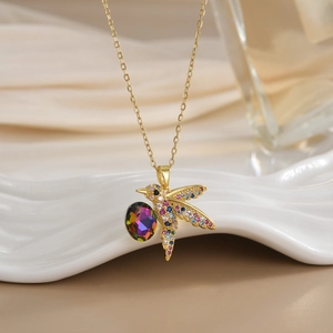 Detailed hummingbird pendant with colorful cubic zirconia and iridescent stone on gold chain